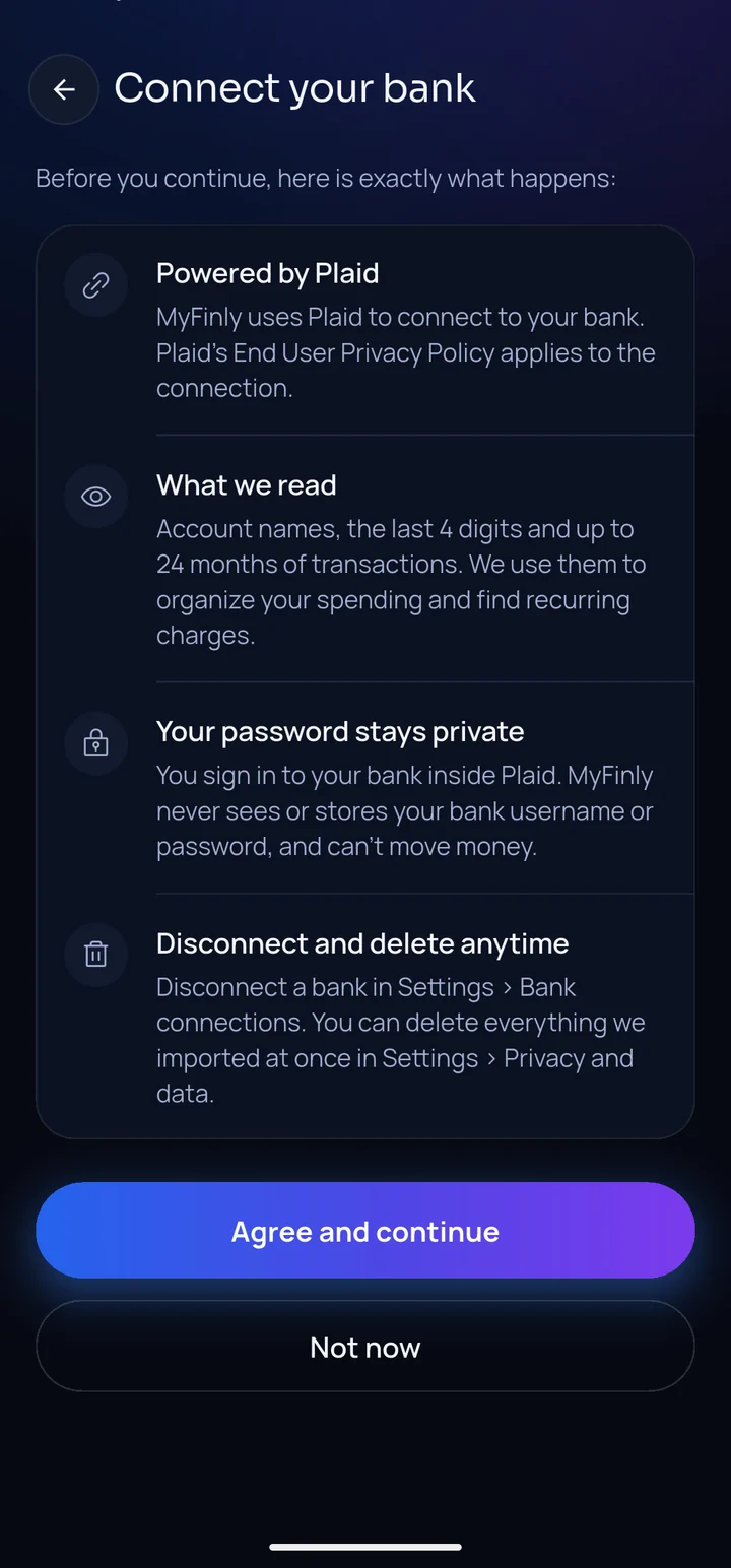 Bank Sync consent screen explaining what MyFinly reads through Plaid.